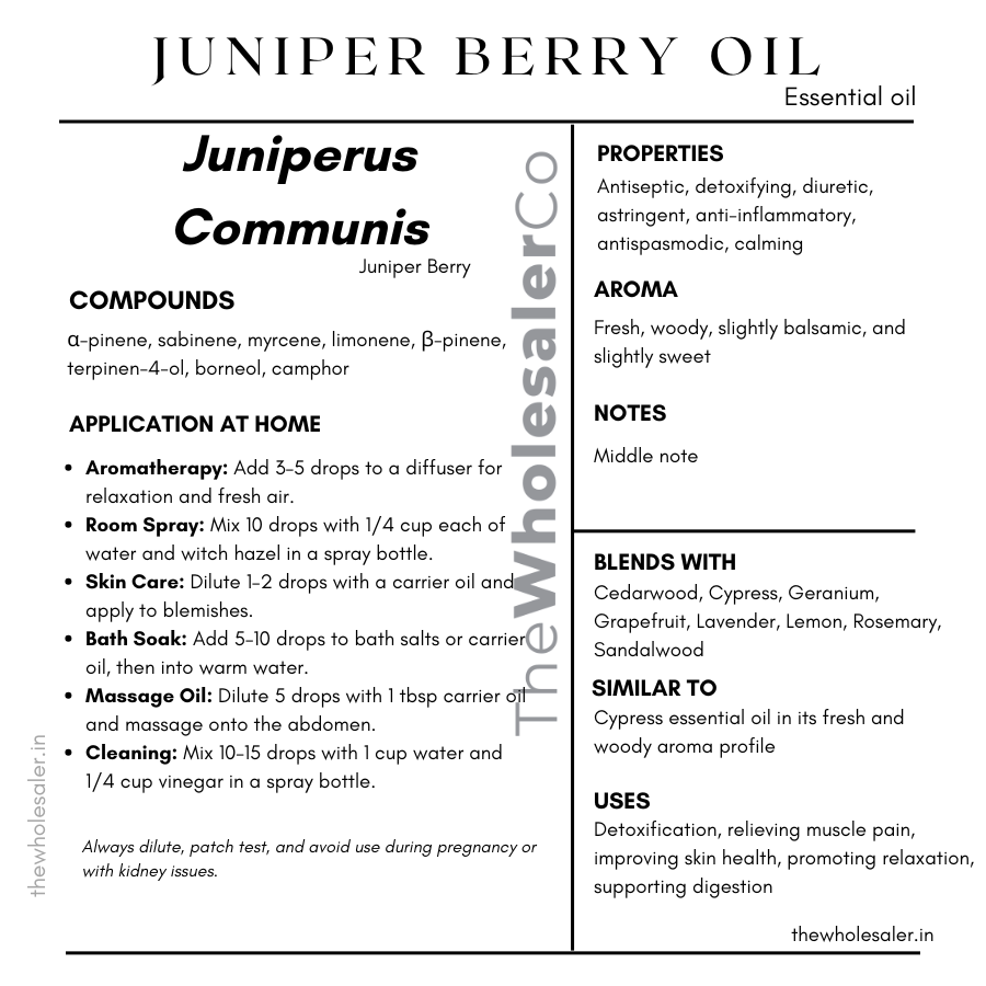 Juniperus Communis berry essential oil with common name, active compounds, properties,aroma, notes,blends with, similar to and uses of Juniper Berry Oil