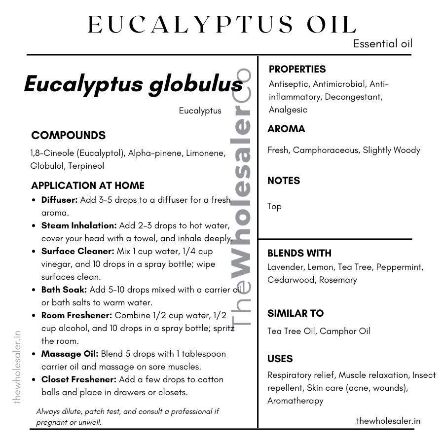 Eucalyptus essential oil with common name, active compounds, properties,aroma, notes,blends with, similar to and uses of Eucalyptus essential oil