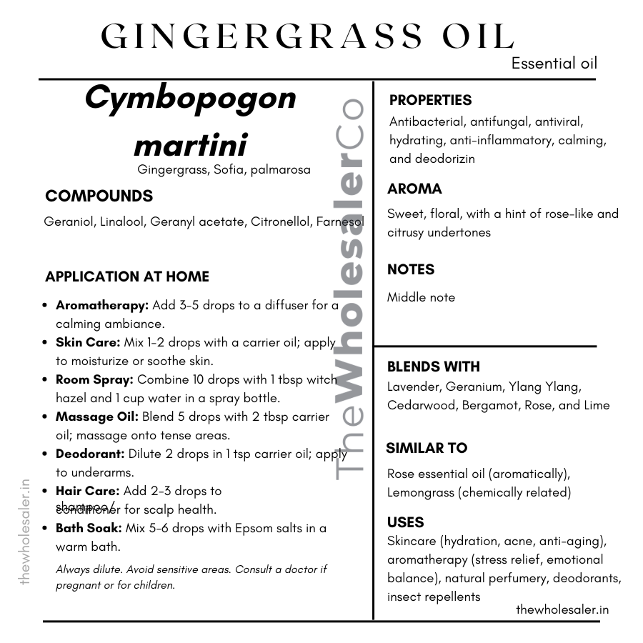 Cymbopogon martini essential oil with common name, active compounds, properties,aroma, notes,blends with, similar to and uses of gingergrass essential oil